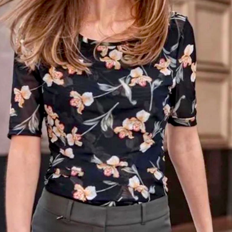Whbm Mesh Side Shirred Floral Print Blouse Size L